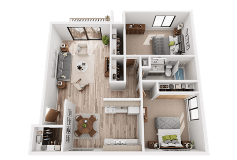 Floor plan for 2 beds, 1 bath, 950 sqft